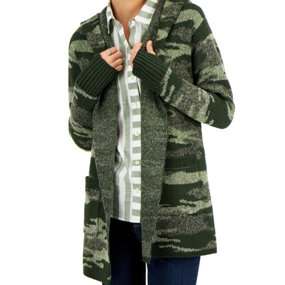 Style & Co Petite Camo-Print Hooded Cardigan